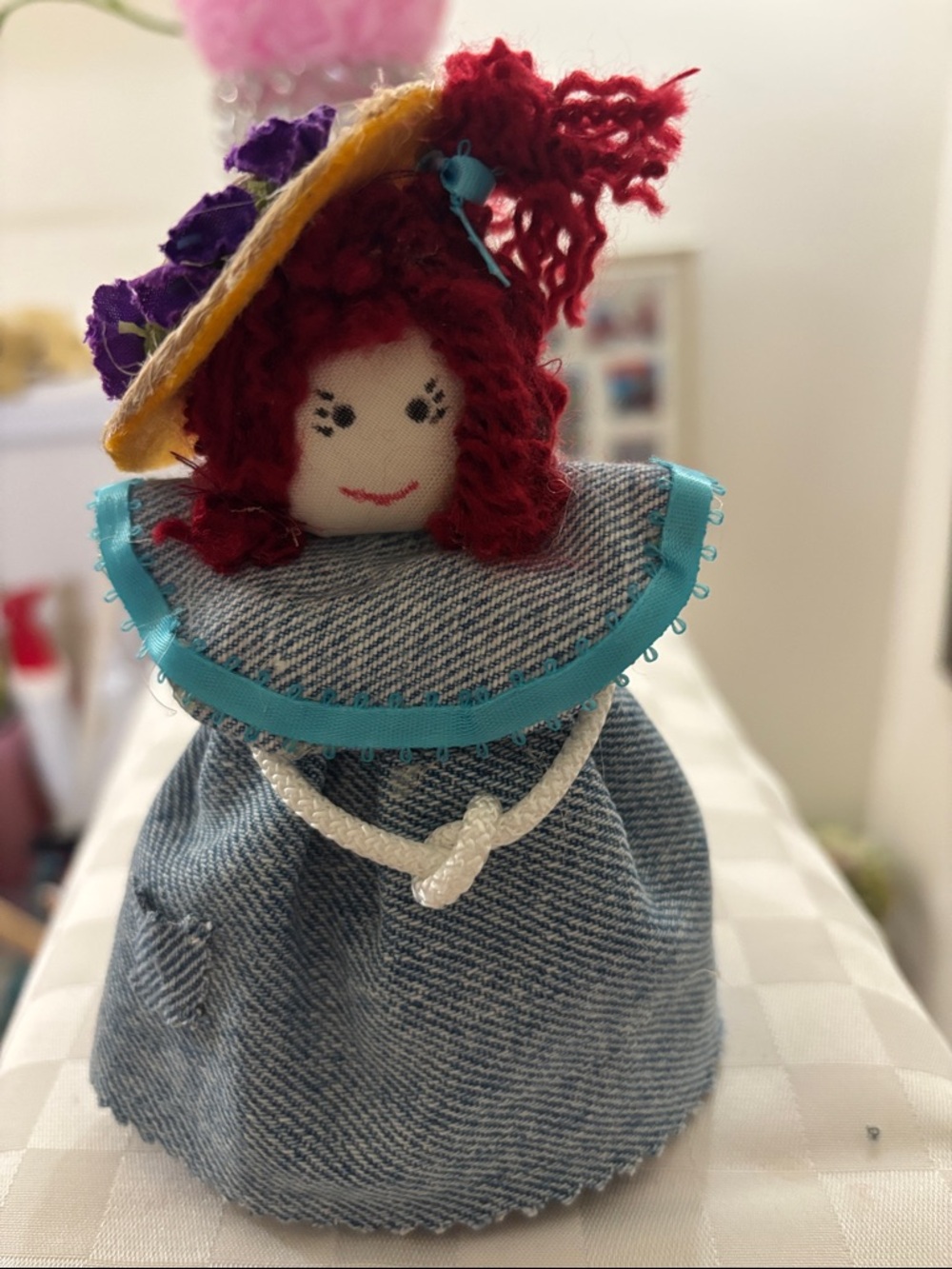 Handmade Red-Haired Fabric Doll with Denim Dress